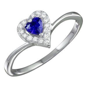 Sterling Silver 925 Rhodium Plated Blue Heart Ring with CZ